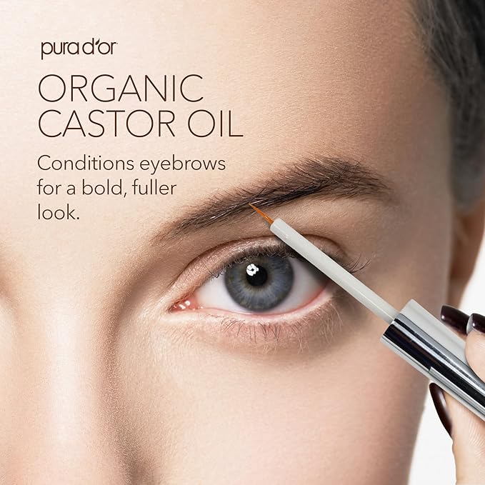 PURA D&#39;OR Organic Castor Oil (4oz + 2 BONUS Pre-Filled Eyelash &amp; Eyebrow Brushes)